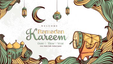 Ramazan Kareem ve El çizimi İslami Çizim Süslemesi Beyaz Grunge Arkaplanı