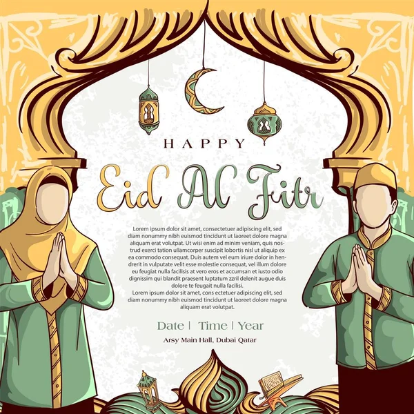 Eid Fitr Background Hand Drawn Muslim People Islamic Ramadan Ornament — Stock Vector