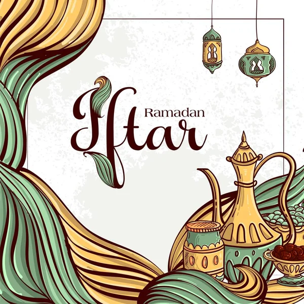Carte Voeux Ramadan Iftar Party Avec Dates Dessinées Main Nourriture — Image vectorielle