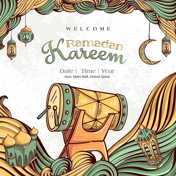 Ramadan Kareem Com Ornamento Ilustração Islâmica Desenhada Mão Fundo Branco — Vetor de Stock