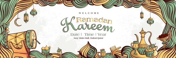 Ramadan Kareem Com Ornamento Ilustração Islâmica Desenhada Mão Fundo Branco — Vetor de Stock