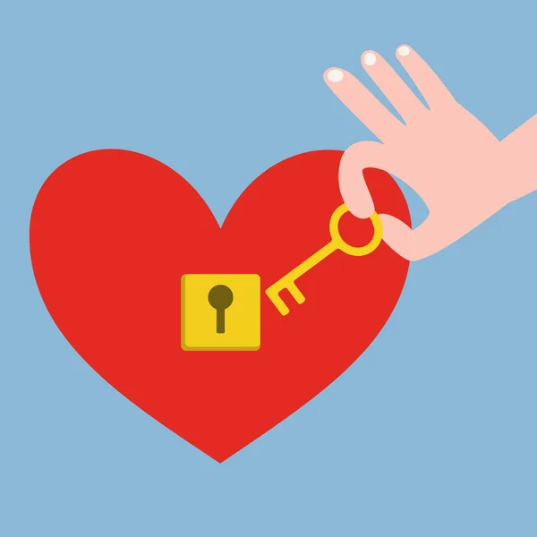 Chiave a mano e cuore rosso con buco della serratura — Vettoriale Stock