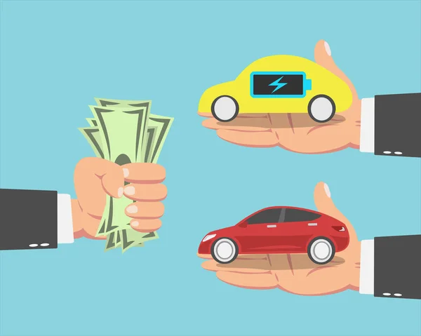 Biznesmen kupujący samochód elektryczny i samochód — Wektor stockowy