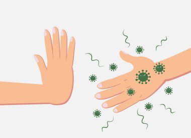 Adam kendini koronavirüsten korumak için virüsle el sıkışmayı reddediyor. Yeşil virüs karakter çizimi. Salgın hastalık konsepti.