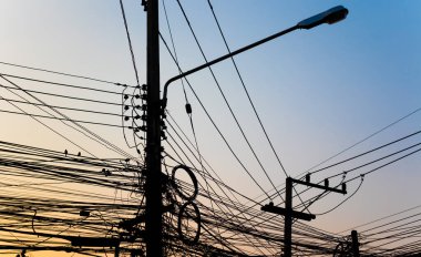 Akşam vakti gökyüzünde dağınık elektrik kablolarında kuşların silueti..