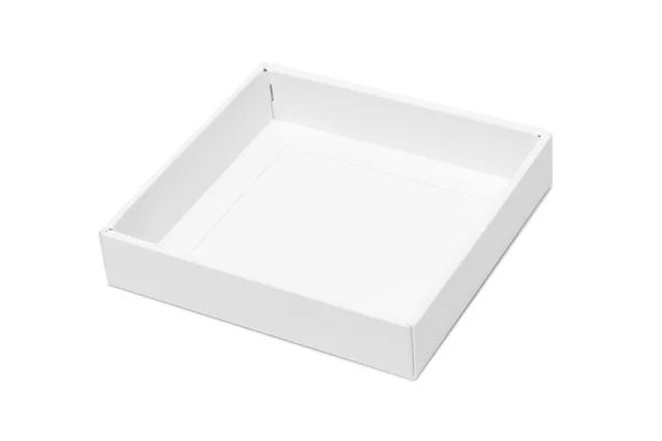 Fehér papírtálca vagy fehér csomag doboz elszigetelt fehér háttérb — Stock Fotó