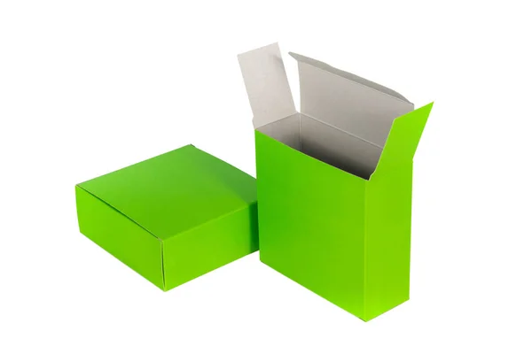 Two green Box with lid open or green paper package box isolated — Stock Photo, Image