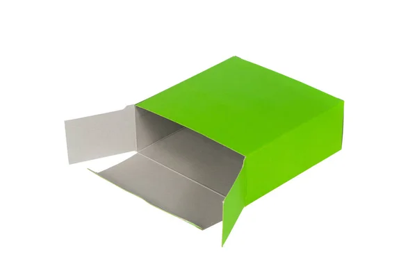 Caja verde con tapa abierta o caja de papel verde aislada en W — Foto de Stock