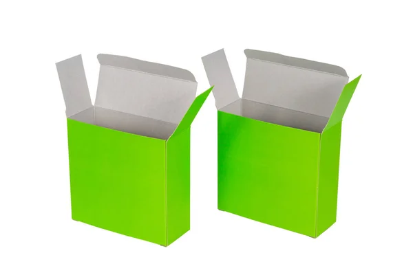 Due scatola verde con coperchio aperto o scatola di pacchetto di carta verde isolato — Foto Stock