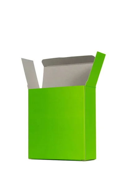 Caixa verde com tampa aberta ou caixa de pacote de papel verde isolado em W — Fotografia de Stock
