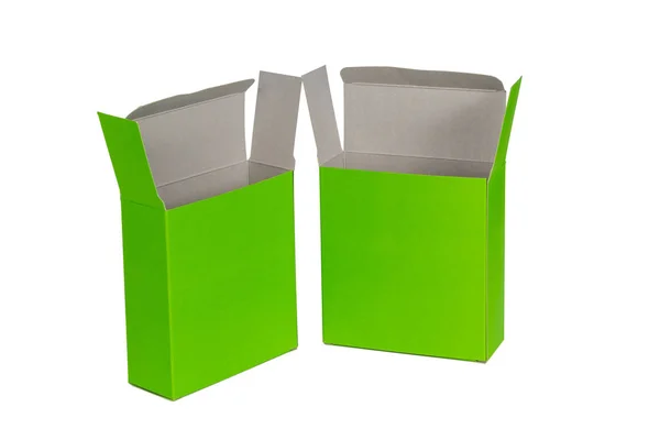 Две зеленые коробки с открытой крышкой или зеленой бумаги коробку изолированы — стоковое фото
