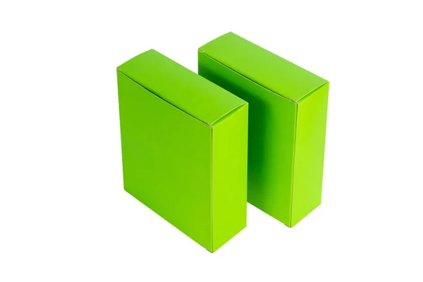 Dvě zelené krabice s víkem otevřené nebo zelený papír balení box izolovaný — Stock fotografie