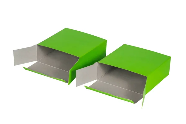 Zwei grüne Schachteln mit geöffnetem Deckel oder grüne Papierverpackungsschachteln isoliert — Stockfoto