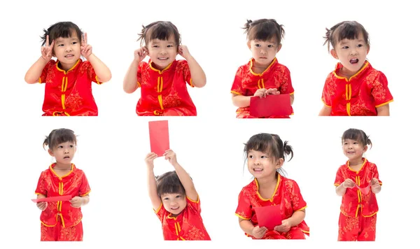 Set of cute Asian baby girl in traditional Chinese suit Isolated — Stock Photo, Image