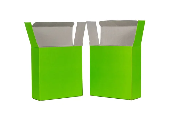 Caixa verde dois com tampa aberta ou caixa de pacote de papel verde isolado — Fotografia de Stock