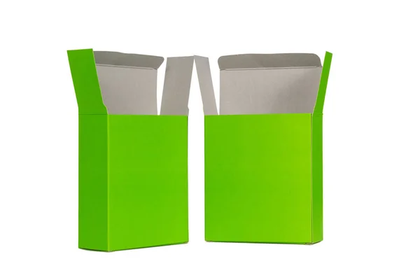Caixa verde dois com tampa aberta ou caixa de pacote de papel verde isolado — Fotografia de Stock