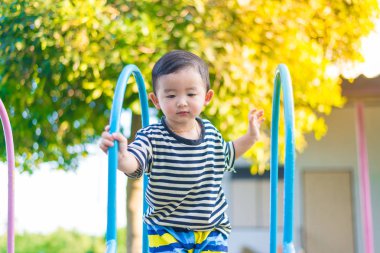 Küçük Asyalı çocuk slayt parkta oynarken