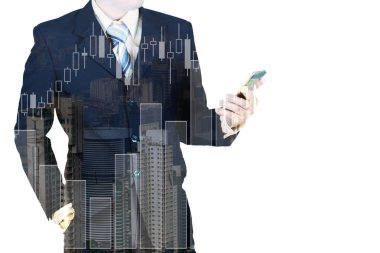 Çift pozlama ile büyüme g akıllı telefon tutarak işadamı