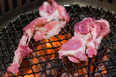 Barbekü Japon tarzı yakiniku için çiğ domuz eti dilim. sığ foc