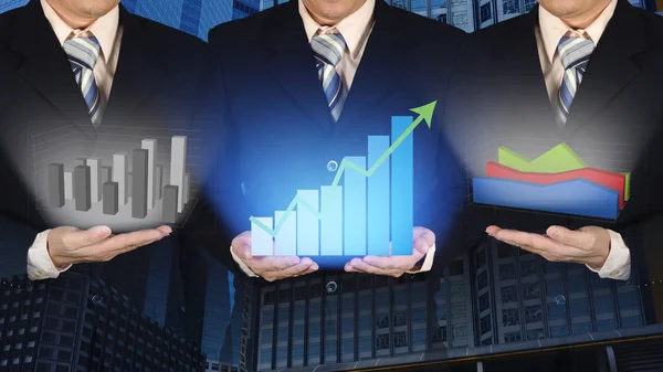 Double exposure of three businessman with growth financial graph — Stock Photo, Image