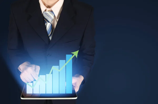 Double exposure businessman touching growth bar chart on financi — Stock Photo, Image