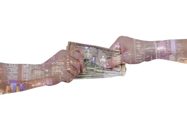 Подвійна експозиція бізнесмена руки обмінюються грошима на місто ба — стокове фото