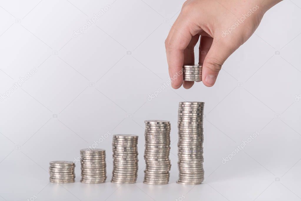 Hand put money coins to stack of coins, Money, Financial, Busine