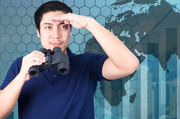 쌍안경으로 아시아 투자자의 이중 노출입니다. 요약 위로 — 스톡 사진