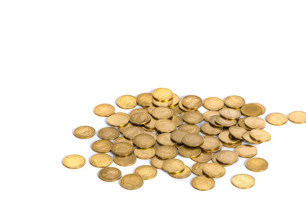 Goldmünzen auf weißem Hintergrund, Geschäftsidee Banking. — Stockfoto