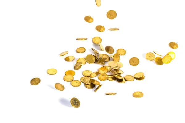 Falling gold coins. Money on a white background. shallow focus. — Stock Photo, Image