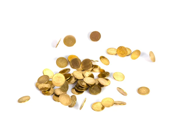 Falling gold coins. Money on a white background. shallow focus. — Stock Photo, Image