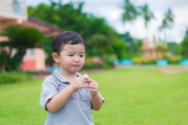 Küçük Asyalı Çocuk Bahçesi güneş ışığı altında sığ D