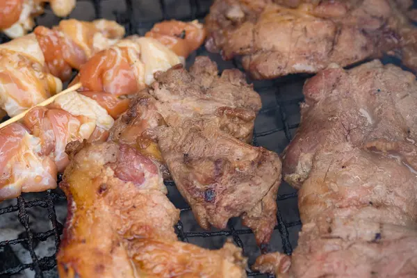 Chicken and pork grill over the small flame. shallow DOF. — Stock Photo, Image