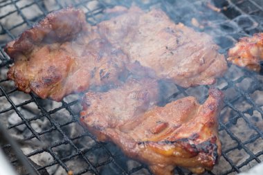 Küçük ateşte ızgara tavuk ve domuz eti. sığ Dof.