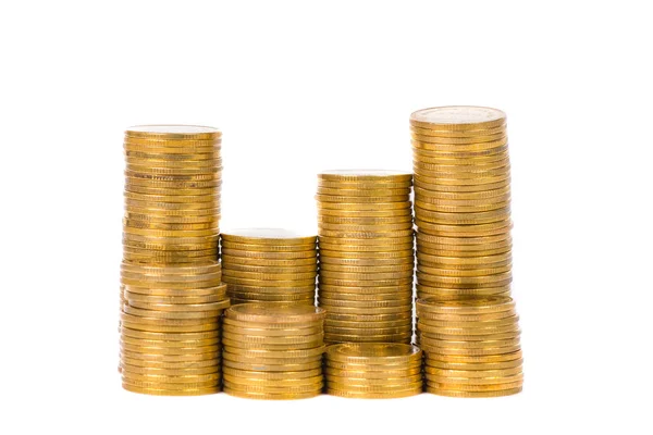 Columns of gold coins, piles of coins on white background — Stock Photo, Image
