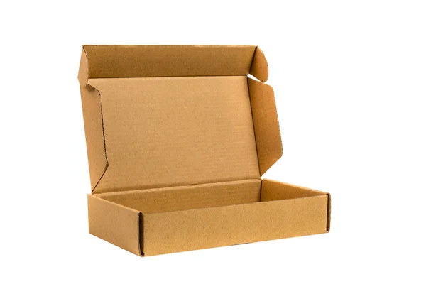 茶色のトレイまたは茶色の紙のパッケージで分離された段ボール箱 — ストック写真