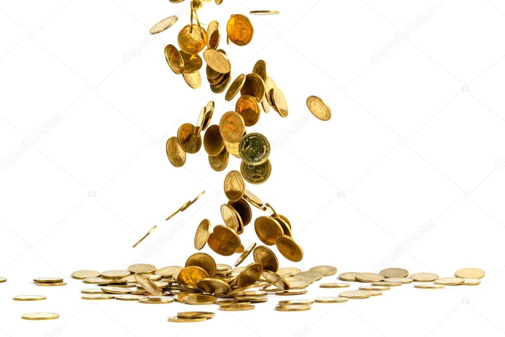 Falling gold coins money isolated on the white background, busin