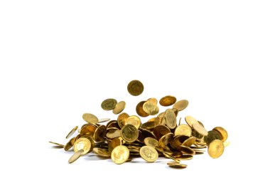 Düşen altın para busin beyaz arka plan üzerinde izole
