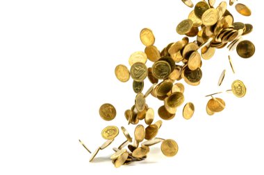 Düşen altın para busin beyaz arka plan üzerinde izole