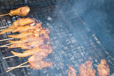 Küçük ateşte ızgara tavuk ve domuz eti. sığ Dof.