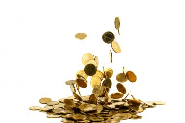 Düşen altın para busin beyaz arka plan üzerinde izole