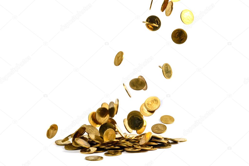 Falling gold coins money isolated on the white background, busin