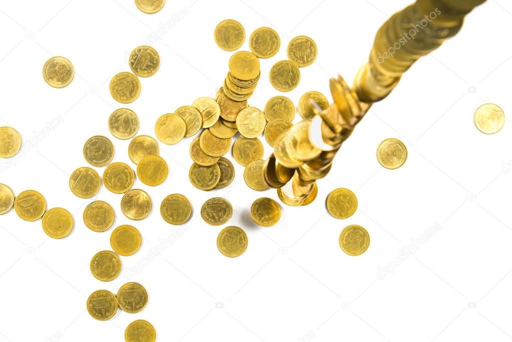 Top view of Falling gold coins money isolated on the white backg
