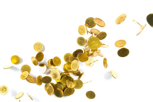 Top view of Falling gold coins money isolated on the white backg — Stock Photo, Image