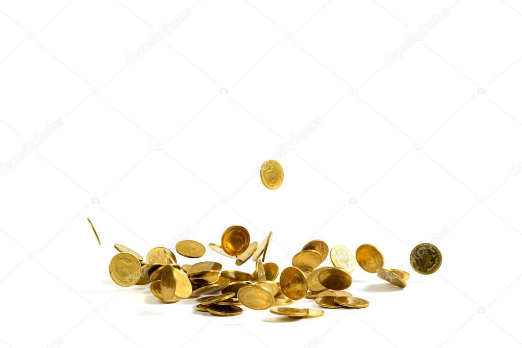 Falling gold coins money isolated on the white background, busin