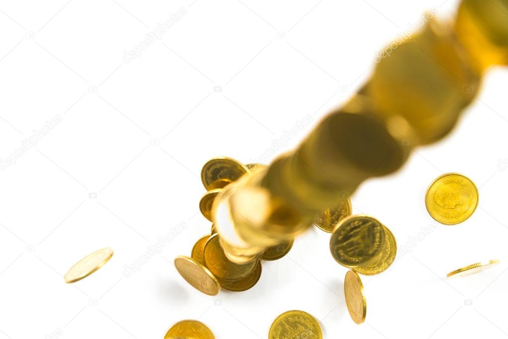 Top view of Falling gold coins money isolated on the white backg