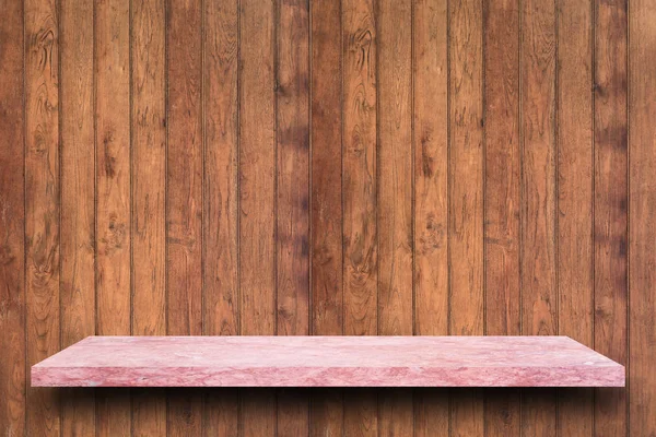 Lege top van marmeren stenen tafel op houten plank muur achtergrond — Stockfoto