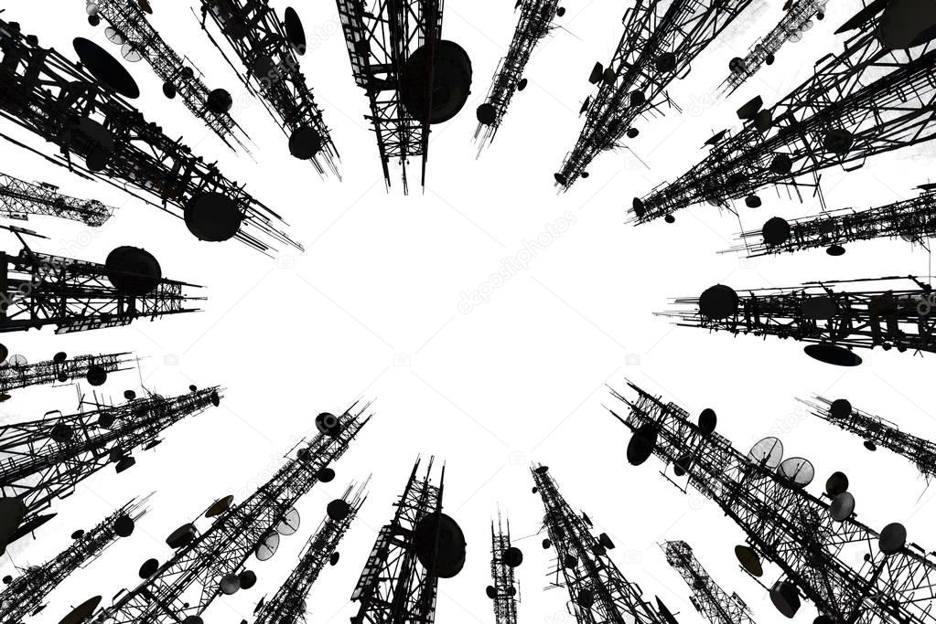 Silhouette of the antenna cell phone of cellular and communication tower on white background, Telecommunication tower perspective. technology and industrial concept.