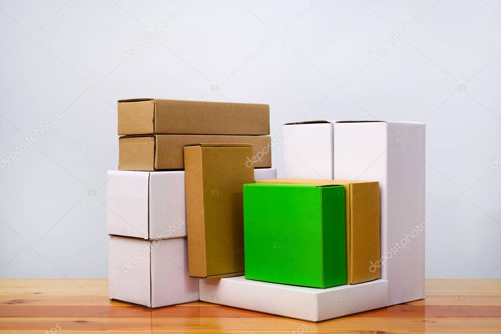 Group of cardboard box different color and size, pile of package