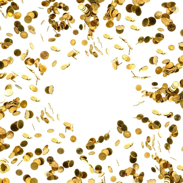 Πτώση χρυσά νομίσματα χρήματα στο κέντρο, απομονώνονται σε λευκό έκφραση της — Φωτογραφία Αρχείου